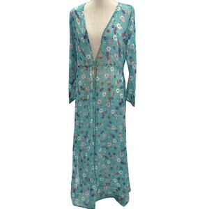 Ingear Teal Resort Floral Maxi Kimono Dress Cardigan Coverup Vacation NWT Medium